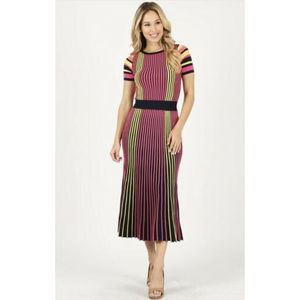 MAGIA USA Striped Fitted Stretch Midi Dress Bright Colors Size M